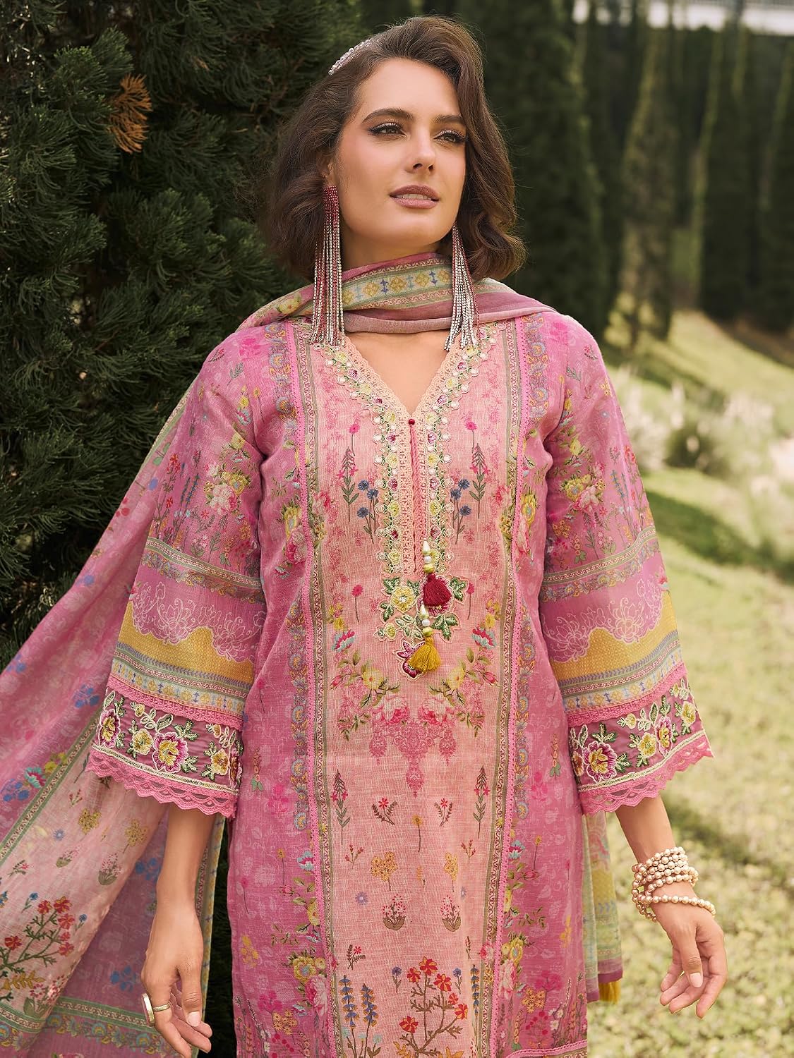 INDO ERA Women's Straight Linen Floral Printed Kurta & Pant with Dupatta Set | Kurta Sets For Woman
