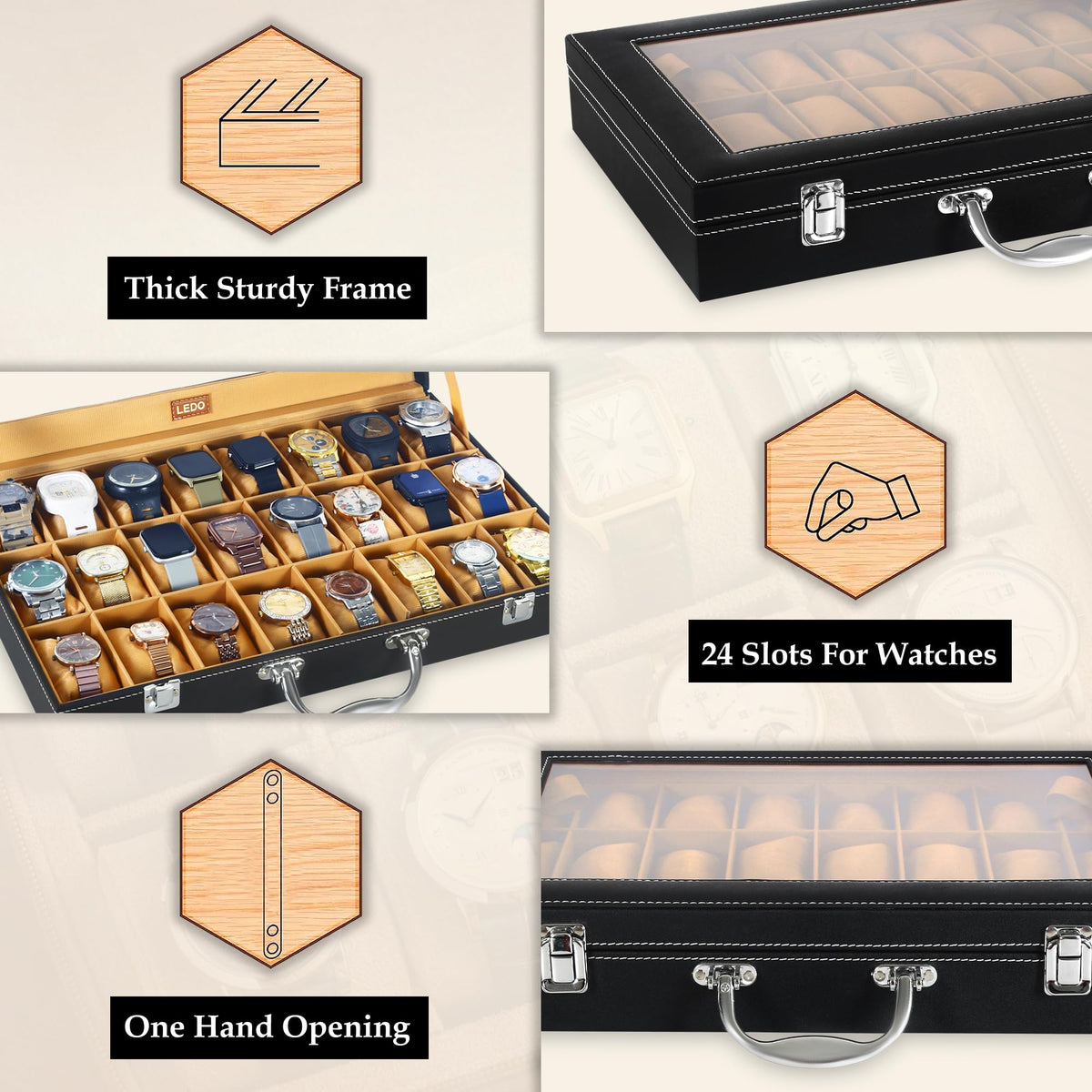 LEDO Men's and Women's Watch Box Holder Organizer Case In 12 Slots of watches In PU Leather with Black & Gray