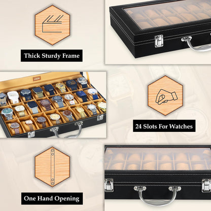 LEDO Men's and Women's Watch Box Holder Organizer Case In 12 Slots of watches In PU Leather with Black & Gray