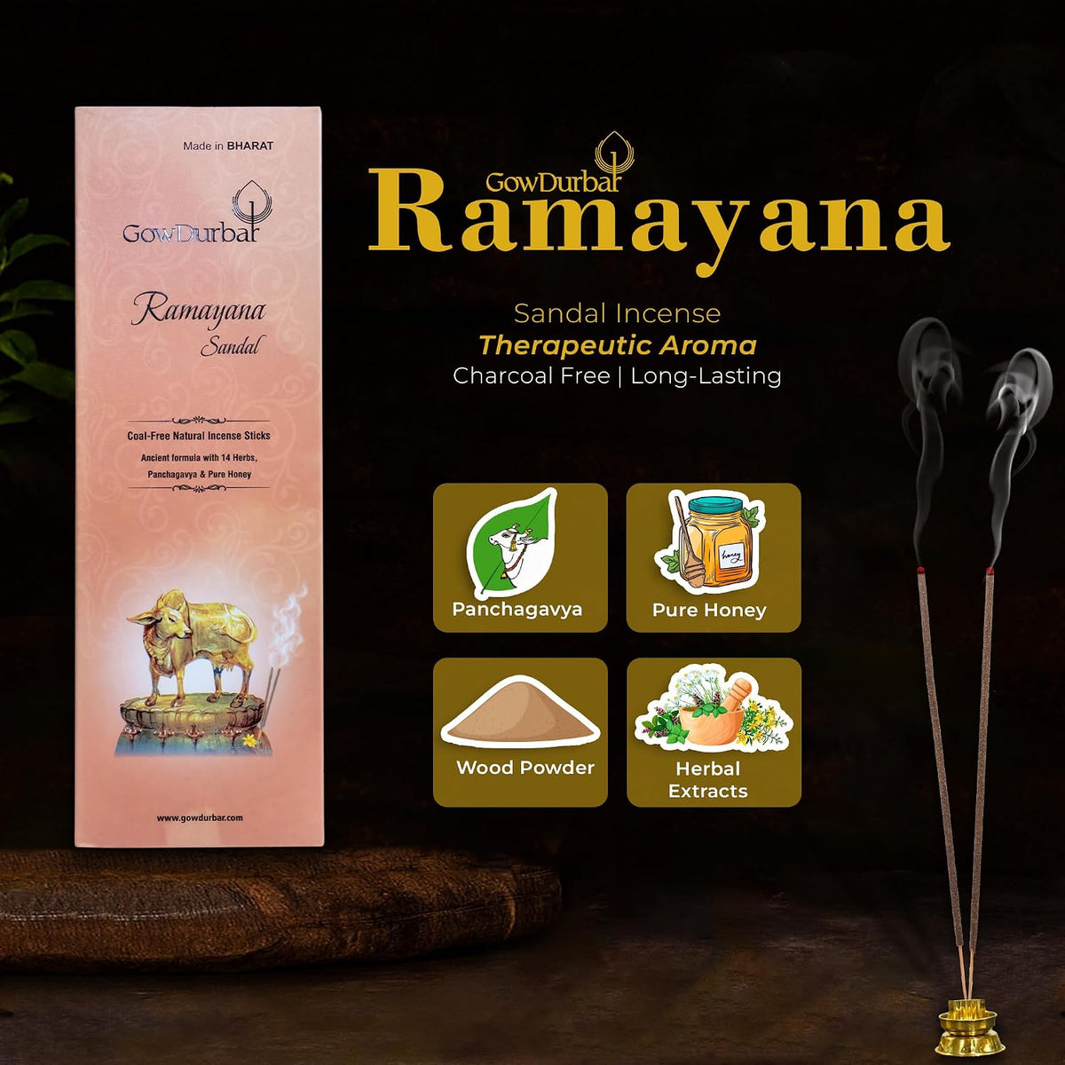 GOW DURBAR Coal-Free Natural Incense Sticks Agarbatti Combo Pack of 4 (Ramayana,Bharatha,Kasturi,Bhagavatha Mallika)