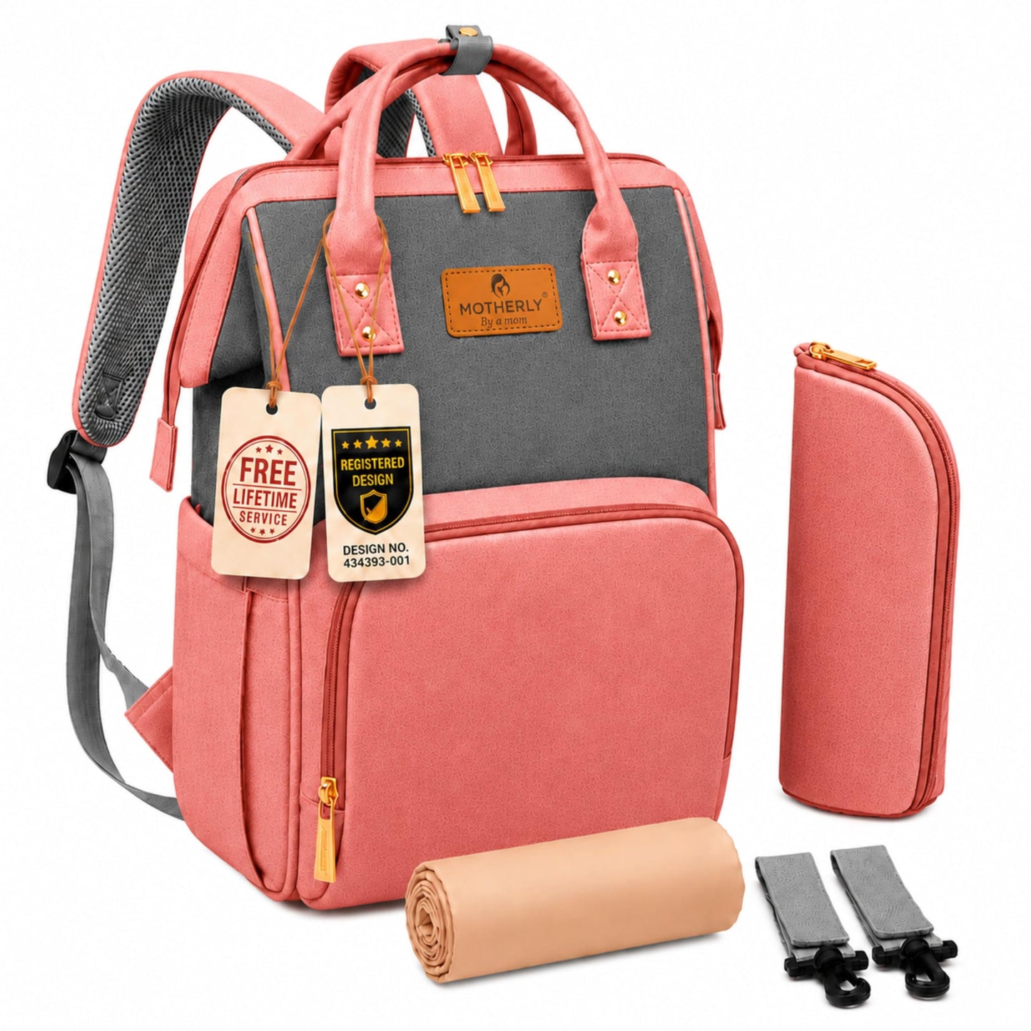 Motherly Patented Diaper Bag For Mothers For Travel, Crown Series, Pink | Backpack for Mothers | Waterproof Baby Travel & Maternity Bag | Multiple Compartments, Insulated Bottle Pockets, Warranty