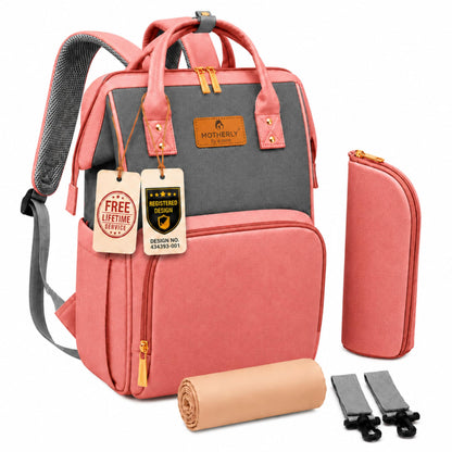 Motherly Patented Diaper Bag For Mothers For Travel, Crown Series, Pink | Backpack for Mothers | Waterproof Baby Travel & Maternity Bag | Multiple Compartments, Insulated Bottle Pockets, Warranty