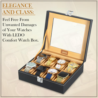LEDO Men's and Women's Watch Box Holder Organizer Case In 12 Slots of watches In PU Leather with Black & Gray