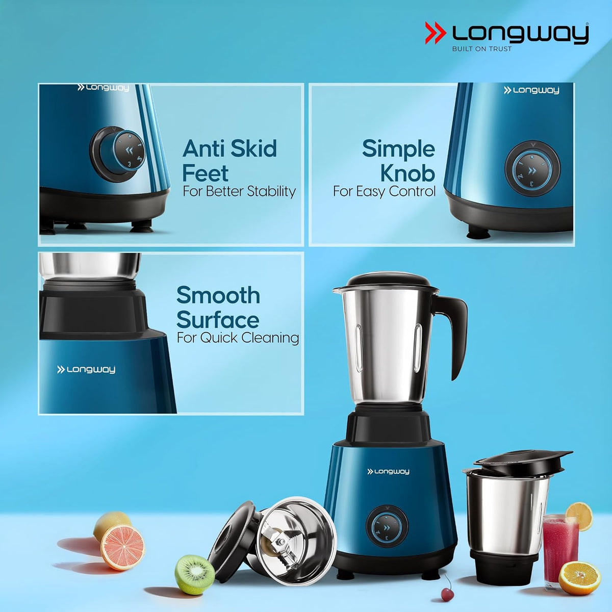 Longway Super Pro Juicer Mixer Grinder | Up to 750W Max Output Powerful Motor | 4 Jars for Grinding, Mixing, Juicing | 2 Years Warranty (Blue & Black)