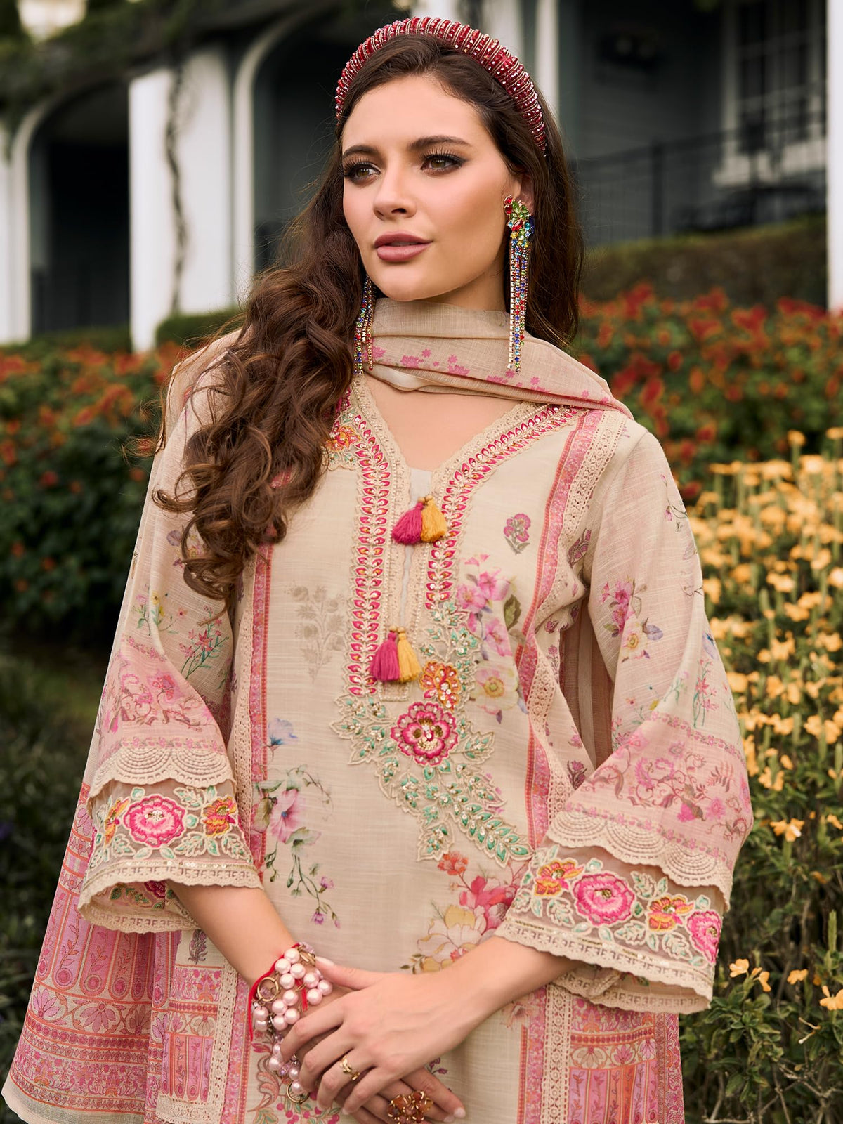INDO ERA Women's Straight Linen Floral Printed Kurta & Pant with Dupatta Set | Kurta Sets For Woman