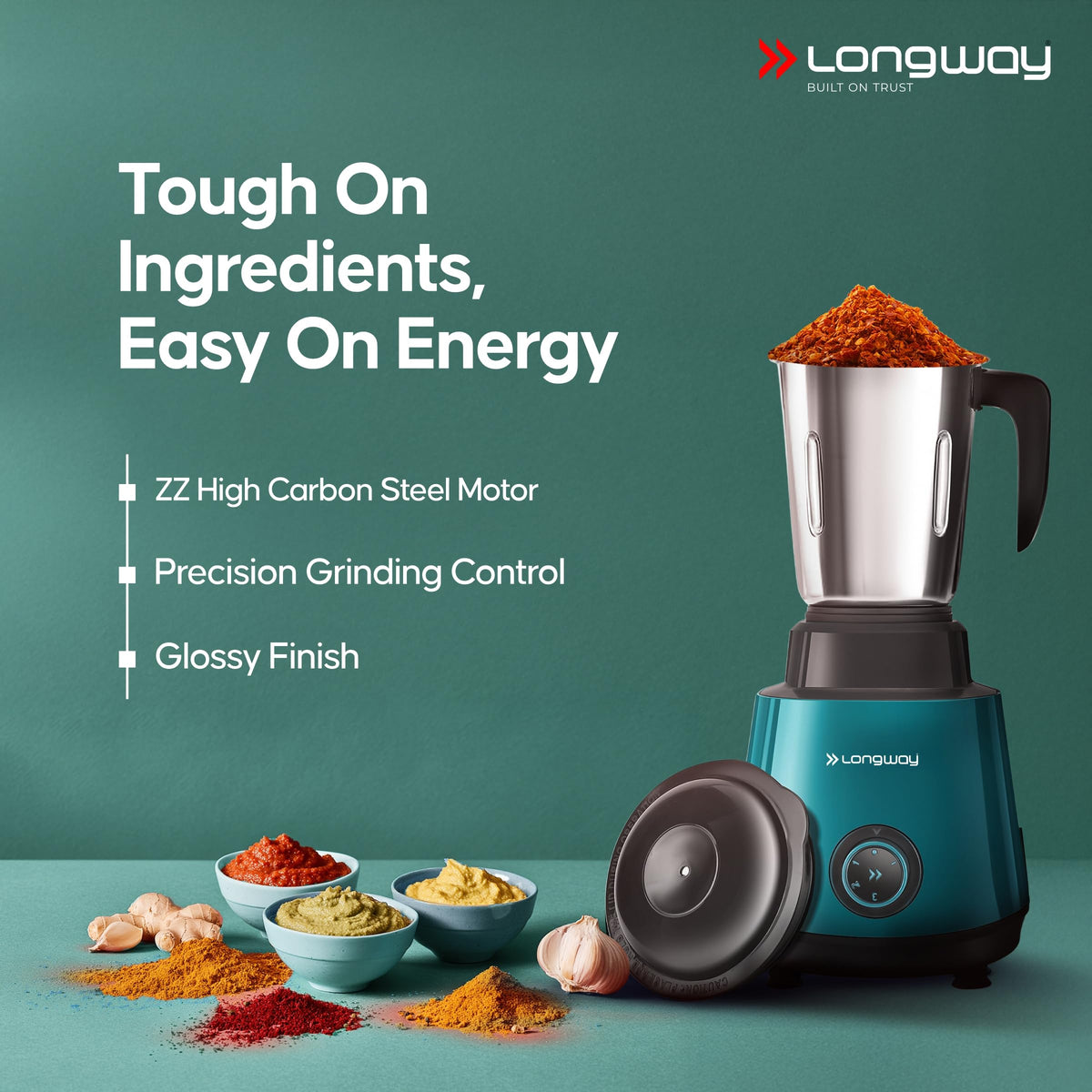 Longway Super Pro Juicer Mixer Grinder | Up to 750W Max Output Powerful Motor | 4 Jars for Grinding, Mixing, Juicing | 2 Years Warranty (Blue & Black)