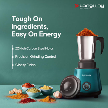 Longway Super Pro Juicer Mixer Grinder | Up to 750W Max Output Powerful Motor | 4 Jars for Grinding, Mixing, Juicing | 2 Years Warranty (Blue & Black)