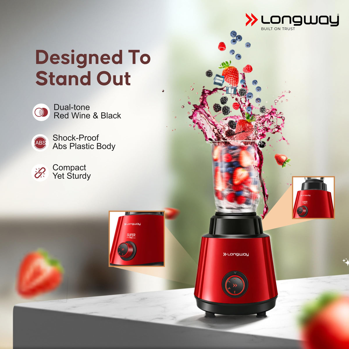 Longway Super Pro Juicer Mixer Grinder | Up to 750W Max Output Powerful Motor | 4 Jars for Grinding, Mixing, Juicing | 2 Years Warranty (Blue & Black)