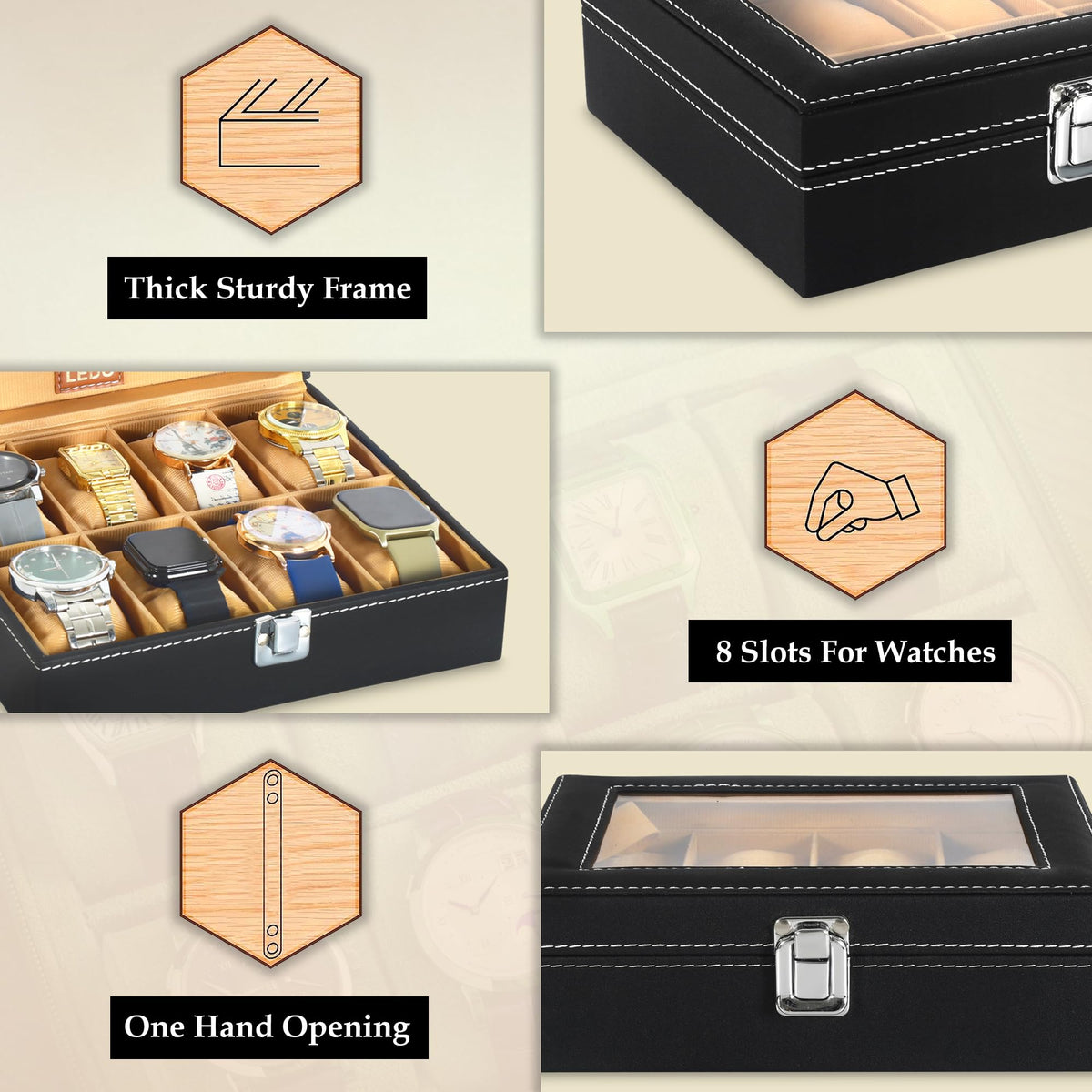LEDO Men's and Women's Watch Box Holder Organizer Case In 12 Slots of watches In PU Leather with Black & Gray