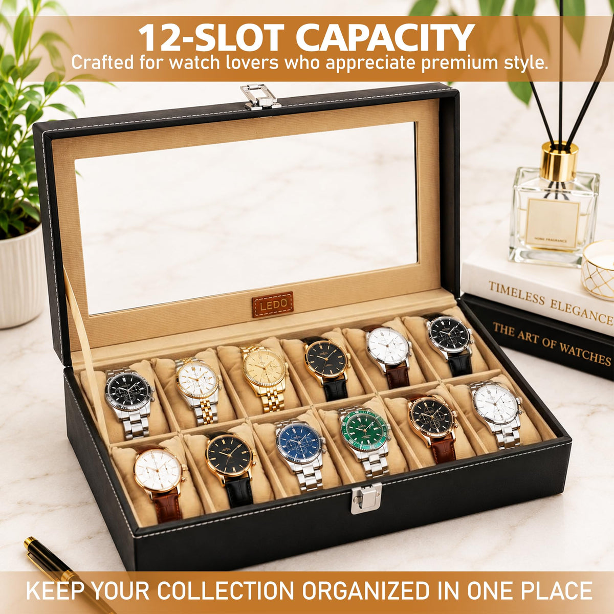 LEDO Men's and Women's Watch Box Holder Organizer Case In 12 Slots of watches In PU Leather with Black & Gray