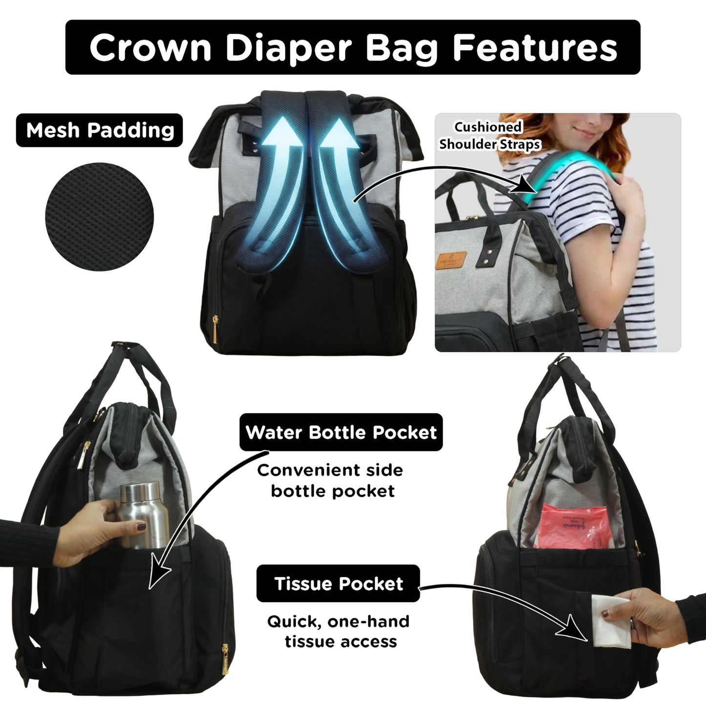 Motherly Patented Diaper Bag For Mothers For Travel, Crown Series, Pink | Backpack for Mothers | Waterproof Baby Travel & Maternity Bag | Multiple Compartments, Insulated Bottle Pockets, Warranty