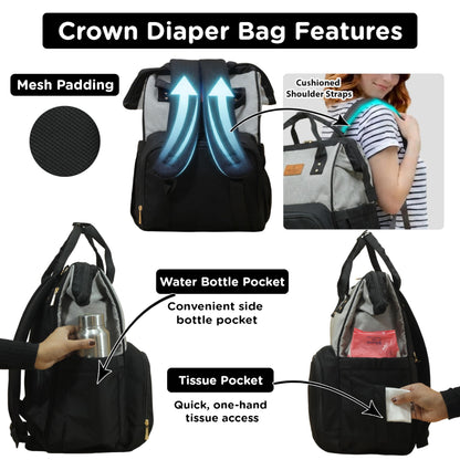 Motherly Patented Diaper Bag For Mothers For Travel, Crown Series, Pink | Backpack for Mothers | Waterproof Baby Travel & Maternity Bag | Multiple Compartments, Insulated Bottle Pockets, Warranty