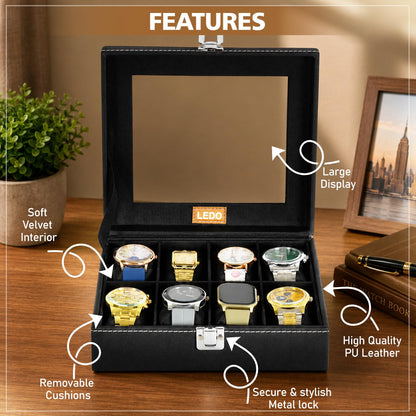 LEDO Men's and Women's Watch Box Holder Organizer Case In 12 Slots of watches In PU Leather with Black & Gray
