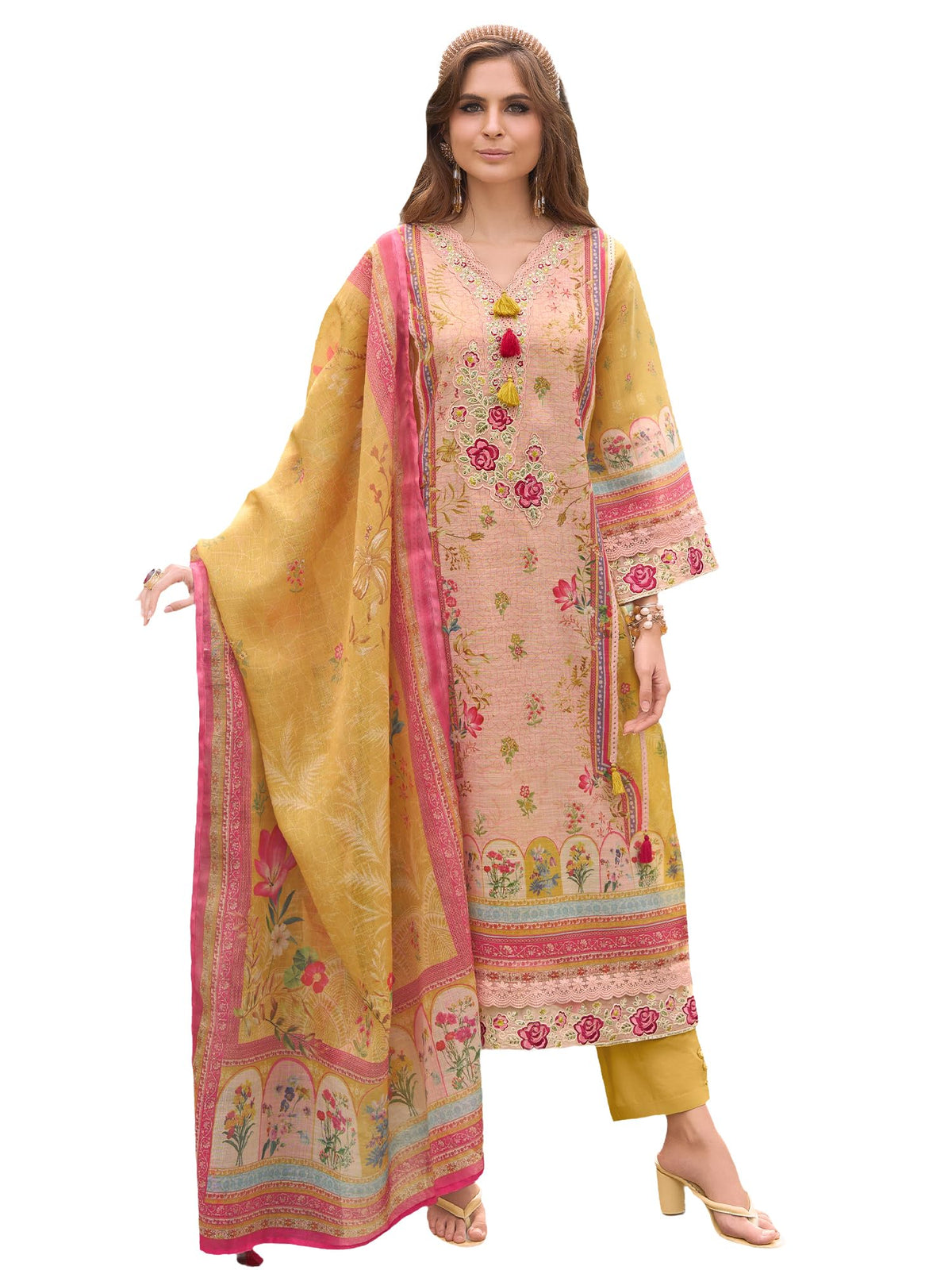 INDO ERA Women's Straight Linen Floral Printed Kurta & Pant with Dupatta Set | Kurta Sets For Woman