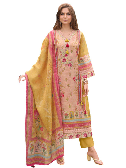 INDO ERA Women's Straight Linen Floral Printed Kurta & Pant with Dupatta Set | Kurta Sets For Woman