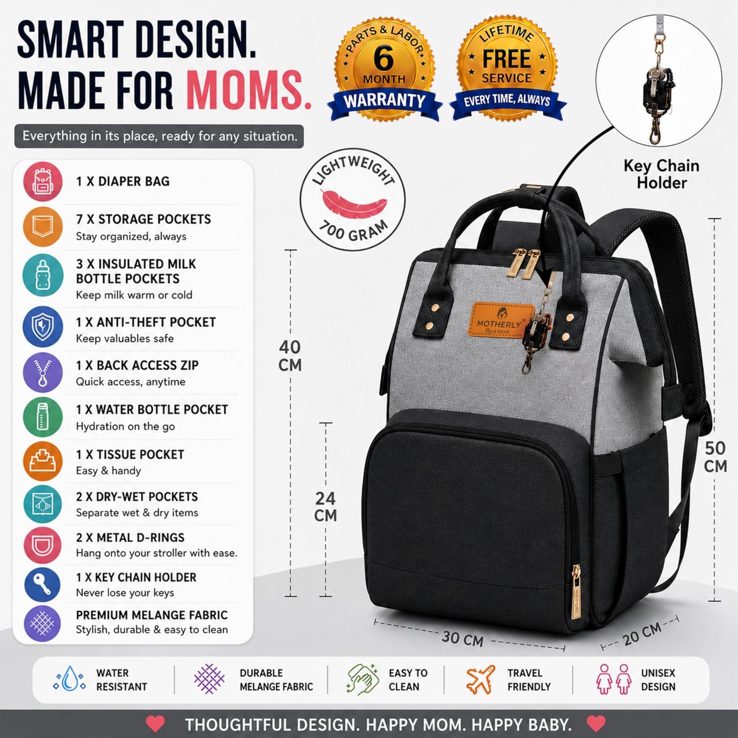 Motherly Patented Diaper Bag For Mothers For Travel, Crown Series, Pink | Backpack for Mothers | Waterproof Baby Travel & Maternity Bag | Multiple Compartments, Insulated Bottle Pockets, Warranty