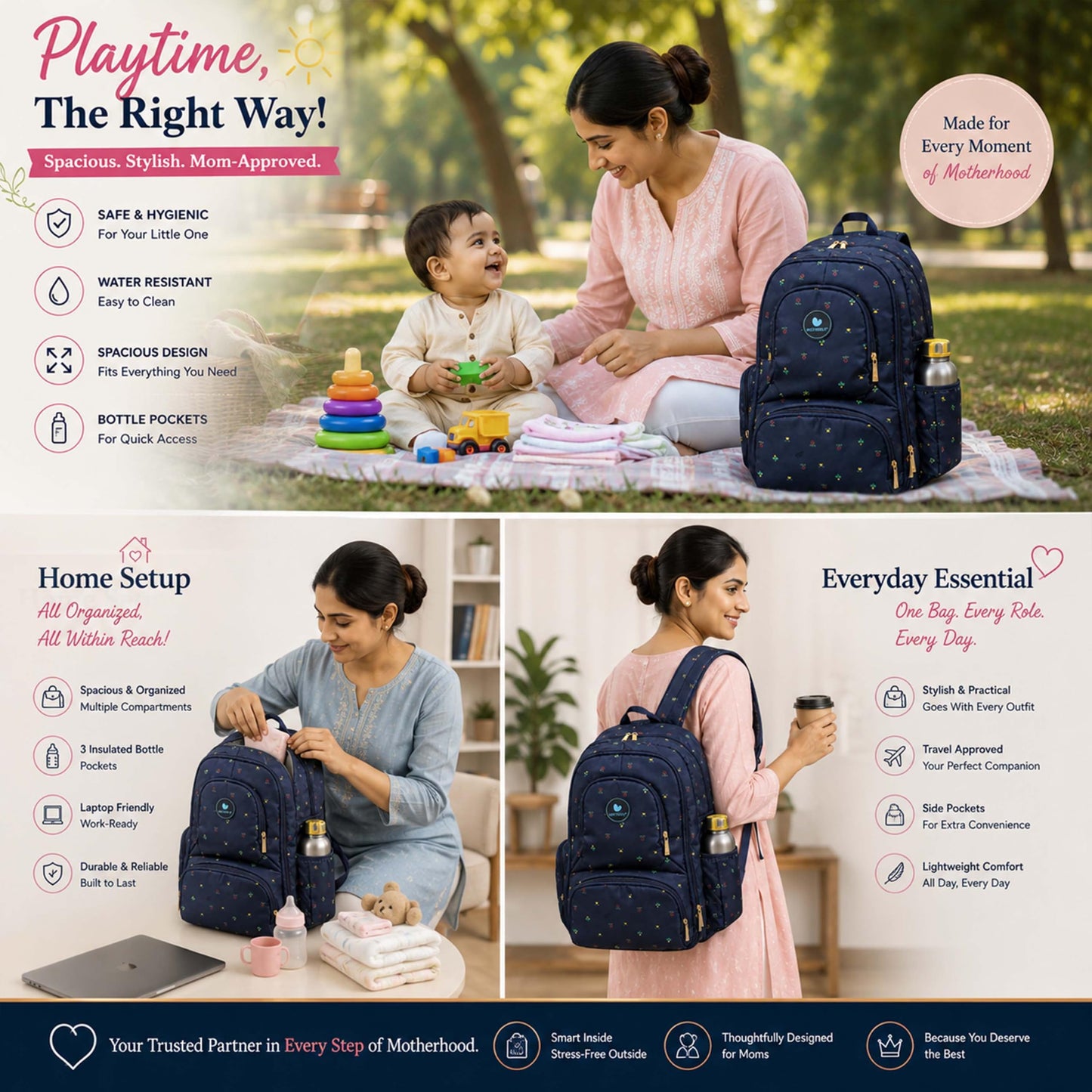 Motherly Patented Diaper Bag For Mothers For Travel, Crown Series, Pink | Backpack for Mothers | Waterproof Baby Travel & Maternity Bag | Multiple Compartments, Insulated Bottle Pockets, Warranty