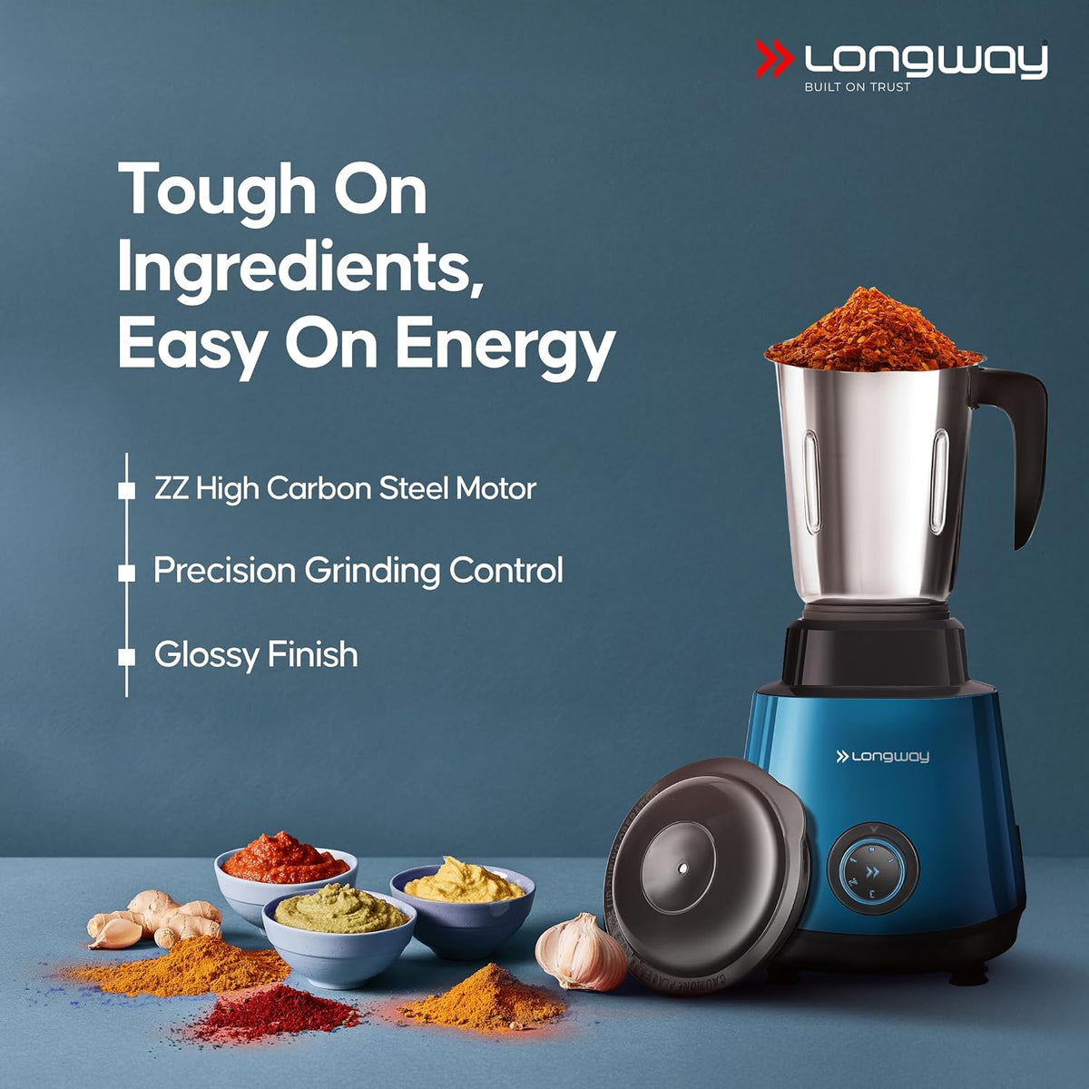 Longway Super Pro Juicer Mixer Grinder | Up to 750W Max Output Powerful Motor | 4 Jars for Grinding, Mixing, Juicing | 2 Years Warranty (Blue & Black)