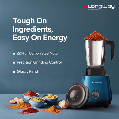 Longway Super Pro Juicer Mixer Grinder | Up to 750W Max Output Powerful Motor | 4 Jars for Grinding, Mixing, Juicing | 2 Years Warranty (Blue & Black)