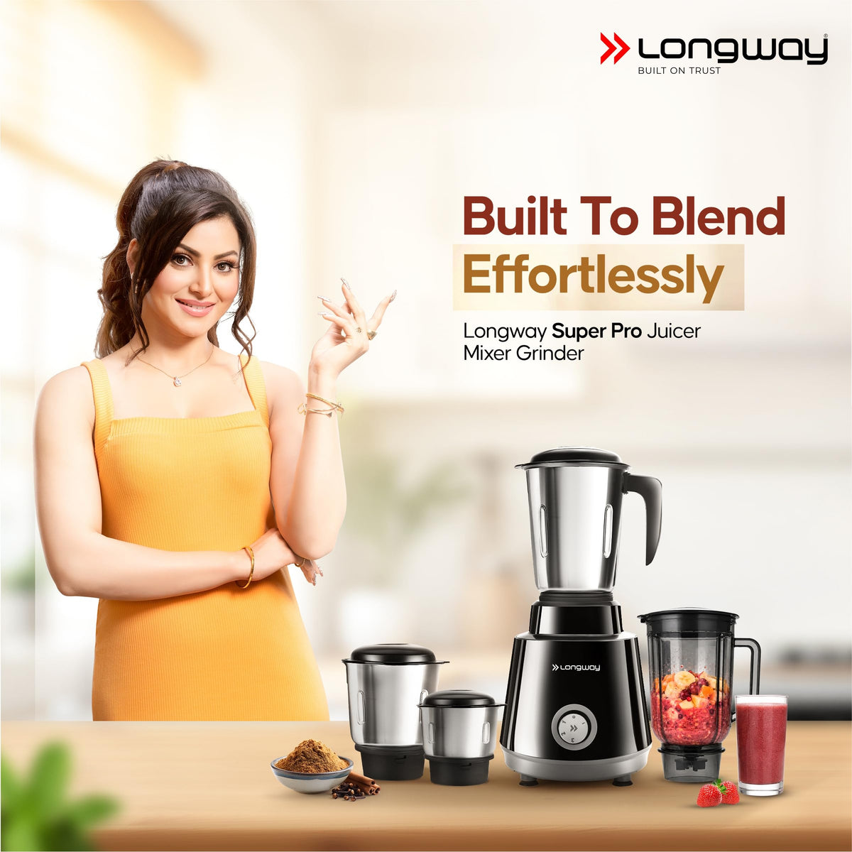 Longway Super Pro Juicer Mixer Grinder | Up to 750W Max Output Powerful Motor | 4 Jars for Grinding, Mixing, Juicing | 2 Years Warranty (Blue & Black)