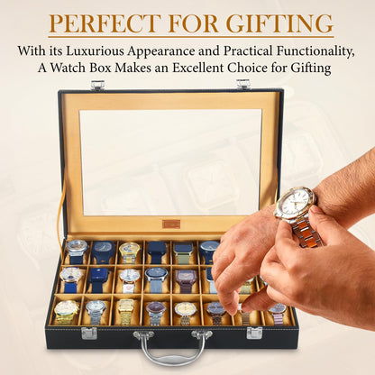 LEDO Men's and Women's Watch Box Holder Organizer Case In 12 Slots of watches In PU Leather with Black & Gray