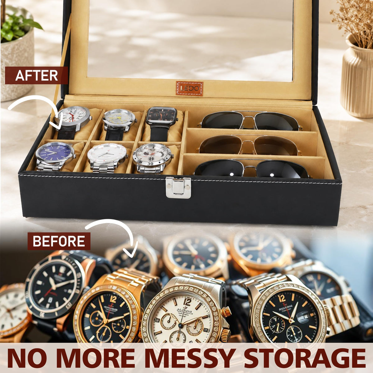 LEDO Men's and Women's Watch Box Holder Organizer Case In 12 Slots of watches In PU Leather with Black & Gray