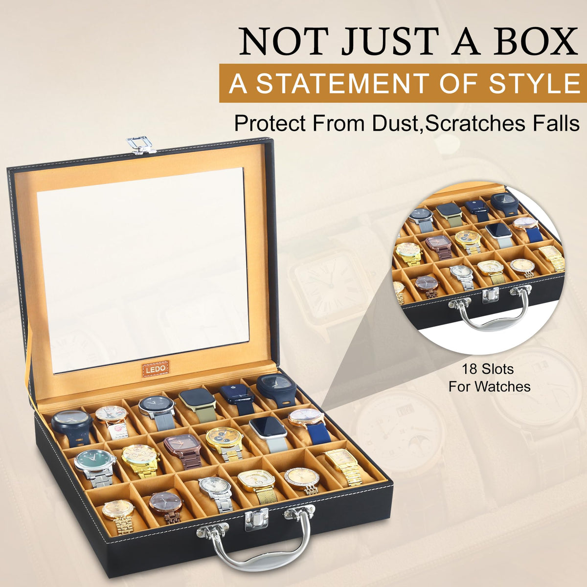 LEDO Men's and Women's Watch Box Holder Organizer Case In 12 Slots of watches In PU Leather with Black & Gray