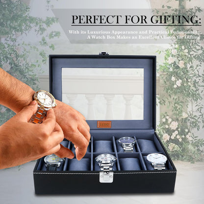 LEDO Men's and Women's Watch Box Holder Organizer Case In 12 Slots of watches In PU Leather with Black & Gray