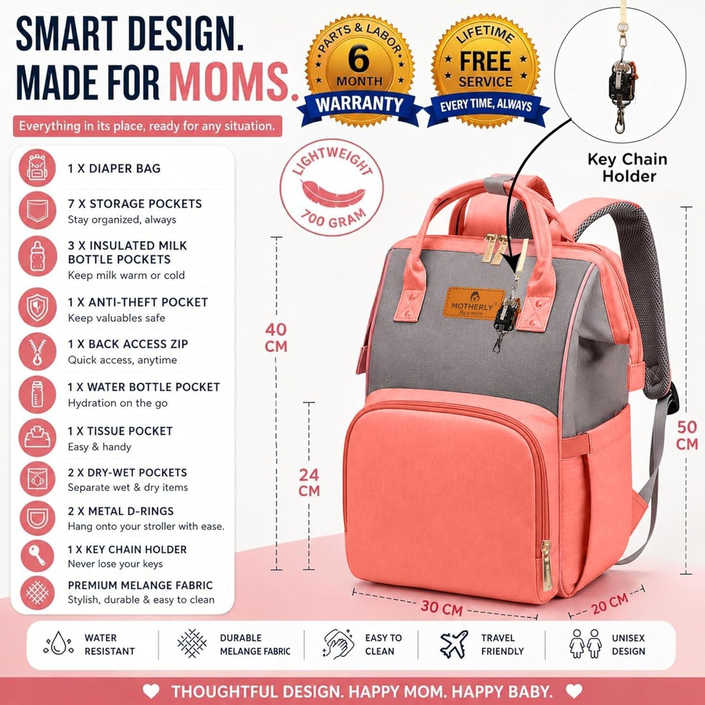 Motherly Patented Diaper Bag For Mothers For Travel, Crown Series, Pink | Backpack for Mothers | Waterproof Baby Travel & Maternity Bag | Multiple Compartments, Insulated Bottle Pockets, Warranty