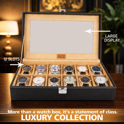 LEDO Men's and Women's Watch Box Holder Organizer Case In 12 Slots of watches In PU Leather with Black & Gray