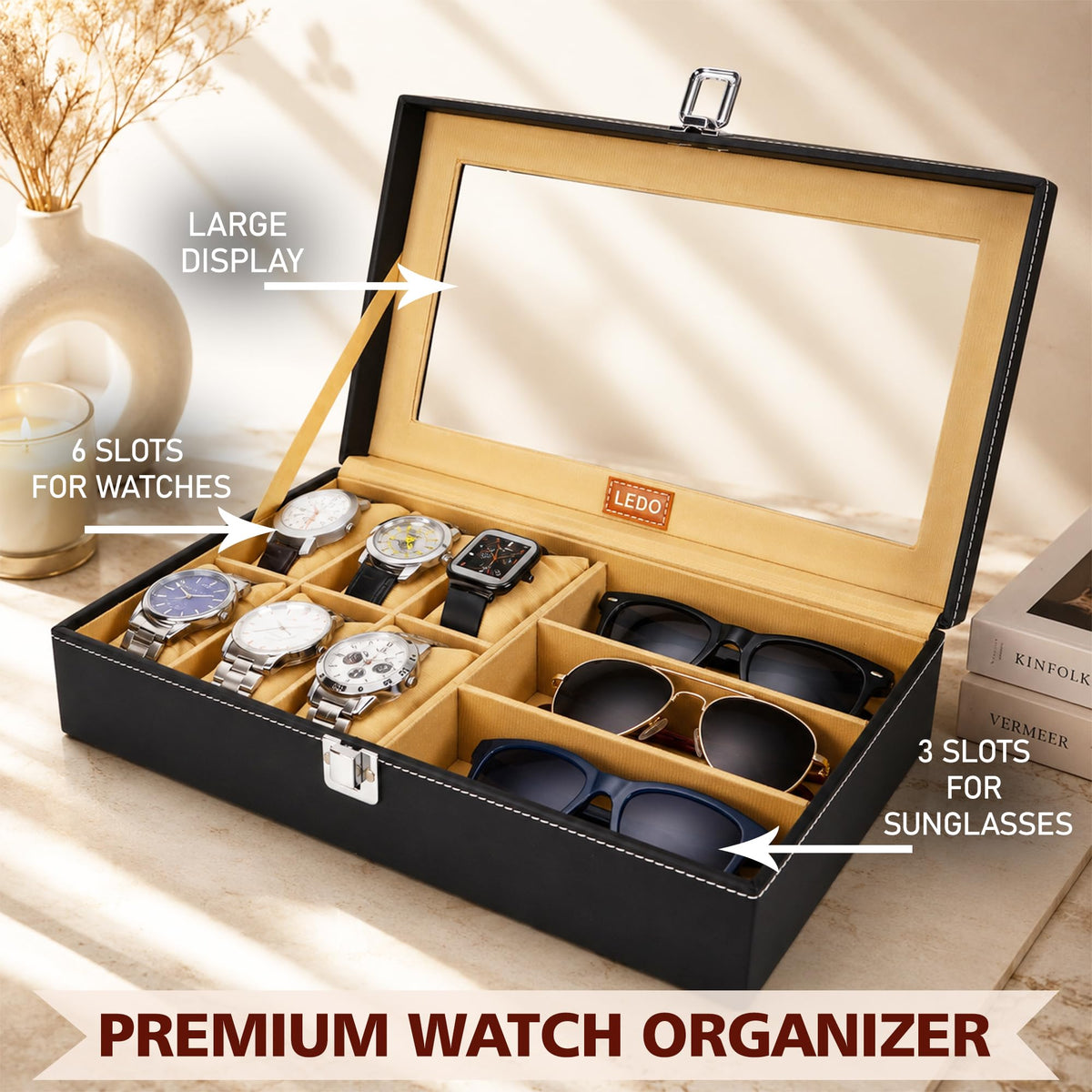 LEDO Men's and Women's Watch Box Holder Organizer Case In 12 Slots of watches In PU Leather with Black & Gray