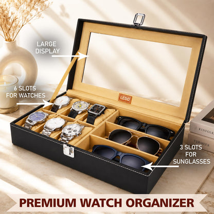LEDO Men's and Women's Watch Box Holder Organizer Case In 12 Slots of watches In PU Leather with Black & Gray