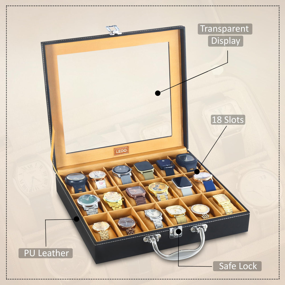 LEDO Men's and Women's Watch Box Holder Organizer Case In 12 Slots of watches In PU Leather with Black & Gray