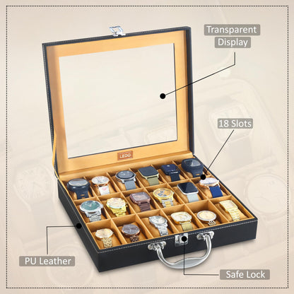 LEDO Men's and Women's Watch Box Holder Organizer Case In 12 Slots of watches In PU Leather with Black & Gray