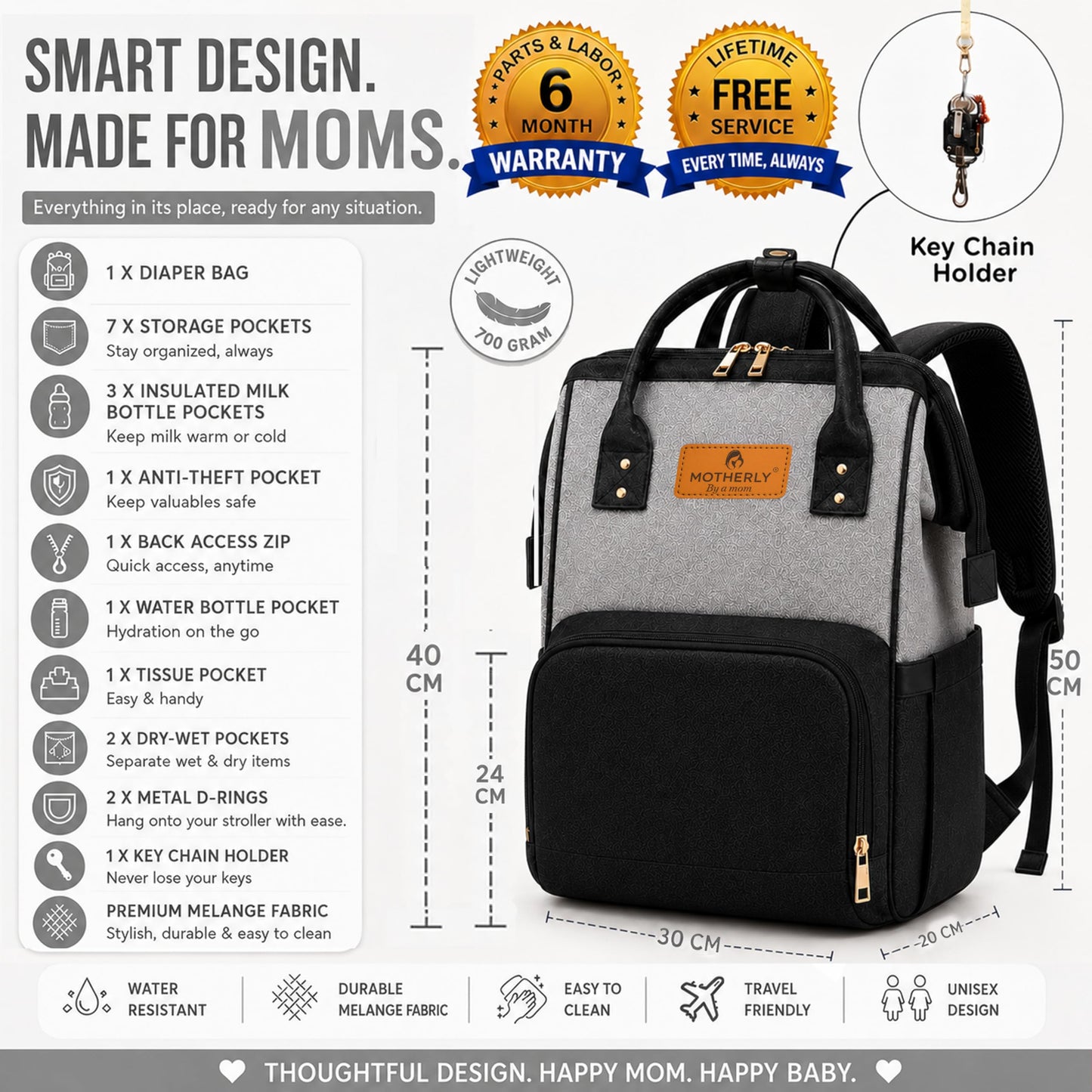 Motherly Patented Diaper Bag For Mothers For Travel, Crown Series, Pink | Backpack for Mothers | Waterproof Baby Travel & Maternity Bag | Multiple Compartments, Insulated Bottle Pockets, Warranty