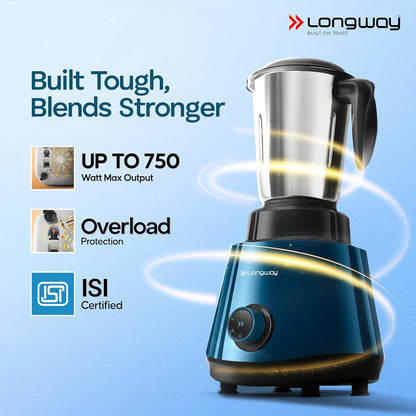 Longway Super Pro Juicer Mixer Grinder | Up to 750W Max Output Powerful Motor | 4 Jars for Grinding, Mixing, Juicing | 2 Years Warranty (Blue & Black)