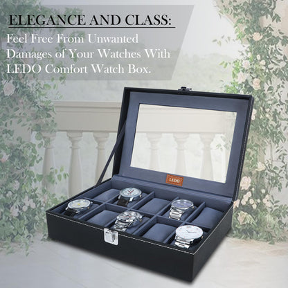 LEDO Men's and Women's Watch Box Holder Organizer Case In 12 Slots of watches In PU Leather with Black & Gray