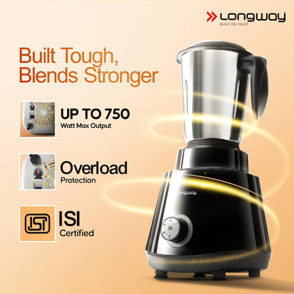 Longway Super Pro Juicer Mixer Grinder | Up to 750W Max Output Powerful Motor | 4 Jars for Grinding, Mixing, Juicing | 2 Years Warranty (Blue & Black)