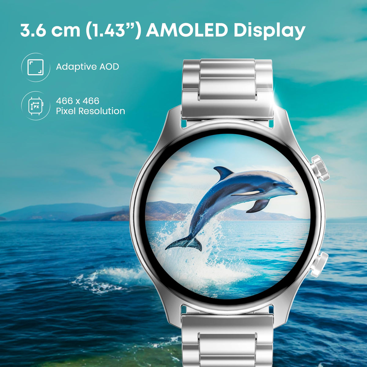 Fastrack Astor FR2 Pro 1.43" AMOLED Stainless Steel Smart Watch with SpO2, Heart Rate, BT Calling, Adaptive AOD, Functional Crown, AI Voice Assistant – Smartwatch for Stylish Professionals (Silver)