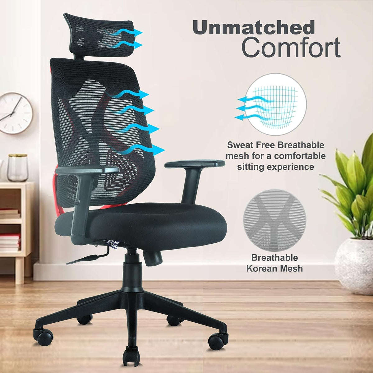 ASTRIDE Ergofit Ergonomic Office Chair for Home | 3-Years Warranty | 2D Headrest, Adjustable Arms & Lumbar Support | Tilt Lock Mechanism [Heavy Duty Nylon Base, Red-Black]