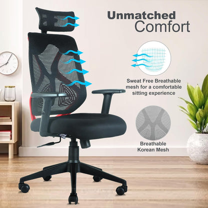 ASTRIDE Ergofit Ergonomic Office Chair for Home | 3-Years Warranty | 2D Headrest, Adjustable Arms & Lumbar Support | Tilt Lock Mechanism [Heavy Duty Nylon Base, Red-Black]