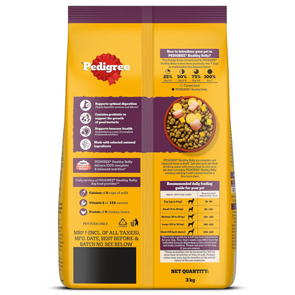 Pedigree Adult Dry Dog Food, New Healthy Belly, 3 kg, Belly Friendly Ingredients, Highly Digestible Proteins, Contains Pumpkin, Sweet Potato, Chicken & Egg, with Prebiotics