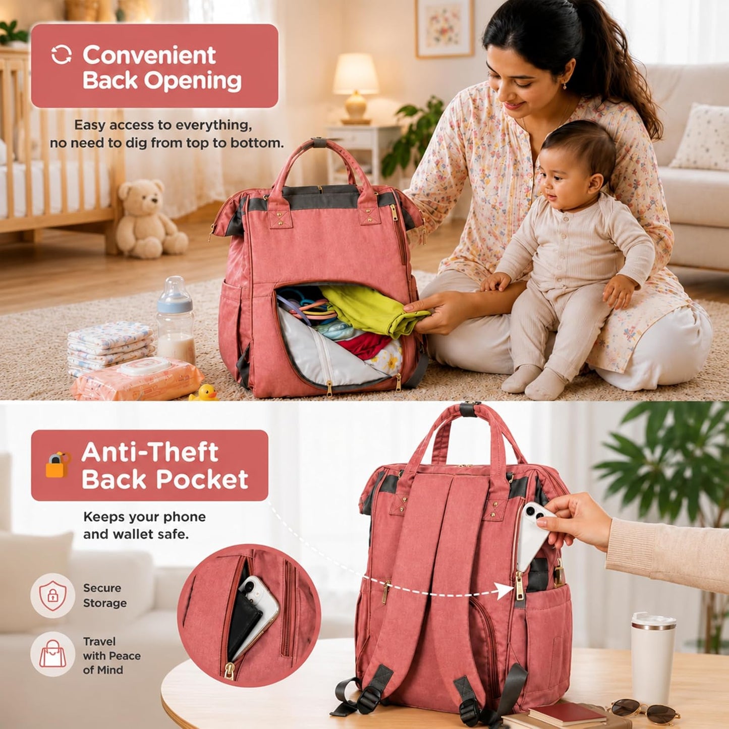 Motherly Patented Diaper Bag For Mothers For Travel, Crown Series, Pink | Backpack for Mothers | Waterproof Baby Travel & Maternity Bag | Multiple Compartments, Insulated Bottle Pockets, Warranty