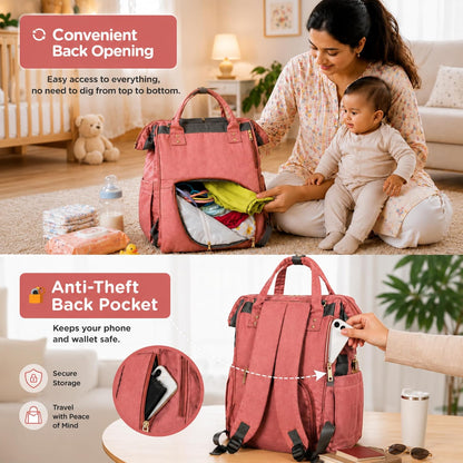 Motherly Patented Diaper Bag For Mothers For Travel, Crown Series, Pink | Backpack for Mothers | Waterproof Baby Travel & Maternity Bag | Multiple Compartments, Insulated Bottle Pockets, Warranty