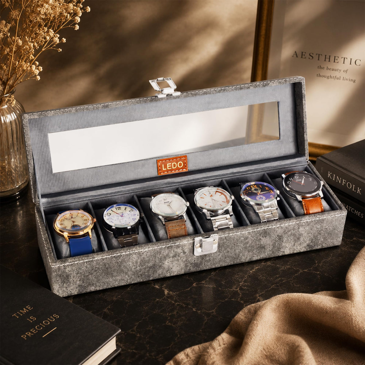 LEDO Men's and Women's Watch Box Holder Organizer Case In 12 Slots of watches In PU Leather with Black & Gray