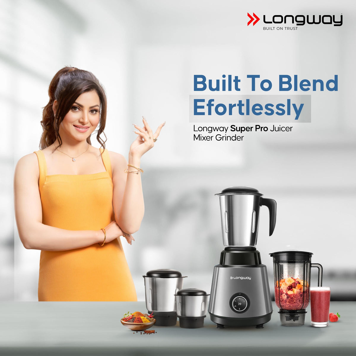 Longway Super Pro Juicer Mixer Grinder | Up to 750W Max Output Powerful Motor | 4 Jars for Grinding, Mixing, Juicing | 2 Years Warranty (Blue & Black)