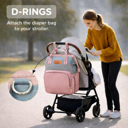 Motherly Patented Diaper Bag For Mothers For Travel, Crown Series, Pink | Backpack for Mothers | Waterproof Baby Travel & Maternity Bag | Multiple Compartments, Insulated Bottle Pockets, Warranty