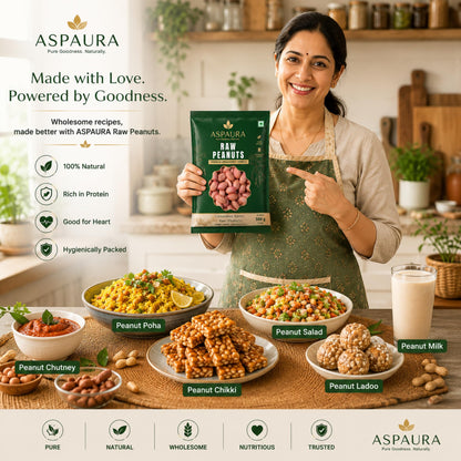 ASPAURA Premium Raw Peanuts 1 KG (Groundnut Kernels) | Whole, Sortex Sorted & Hygienically Packed | Rich in Protein & Dietary Fibre | Ideal for Roasting, Boiling, Cooking & Homemade Peanut Butter
