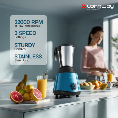 Longway Super Pro Juicer Mixer Grinder | Up to 750W Max Output Powerful Motor | 4 Jars for Grinding, Mixing, Juicing | 2 Years Warranty (Blue & Black)