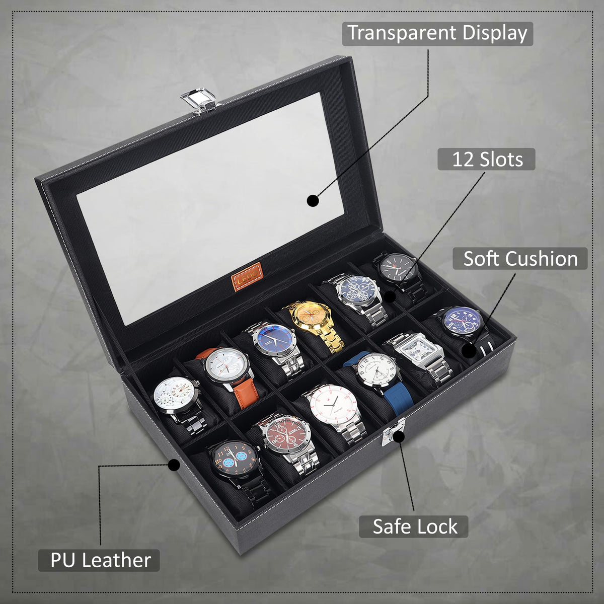 LEDO Men's and Women's Watch Box Holder Organizer Case In 12 Slots of watches In PU Leather with Black & Gray